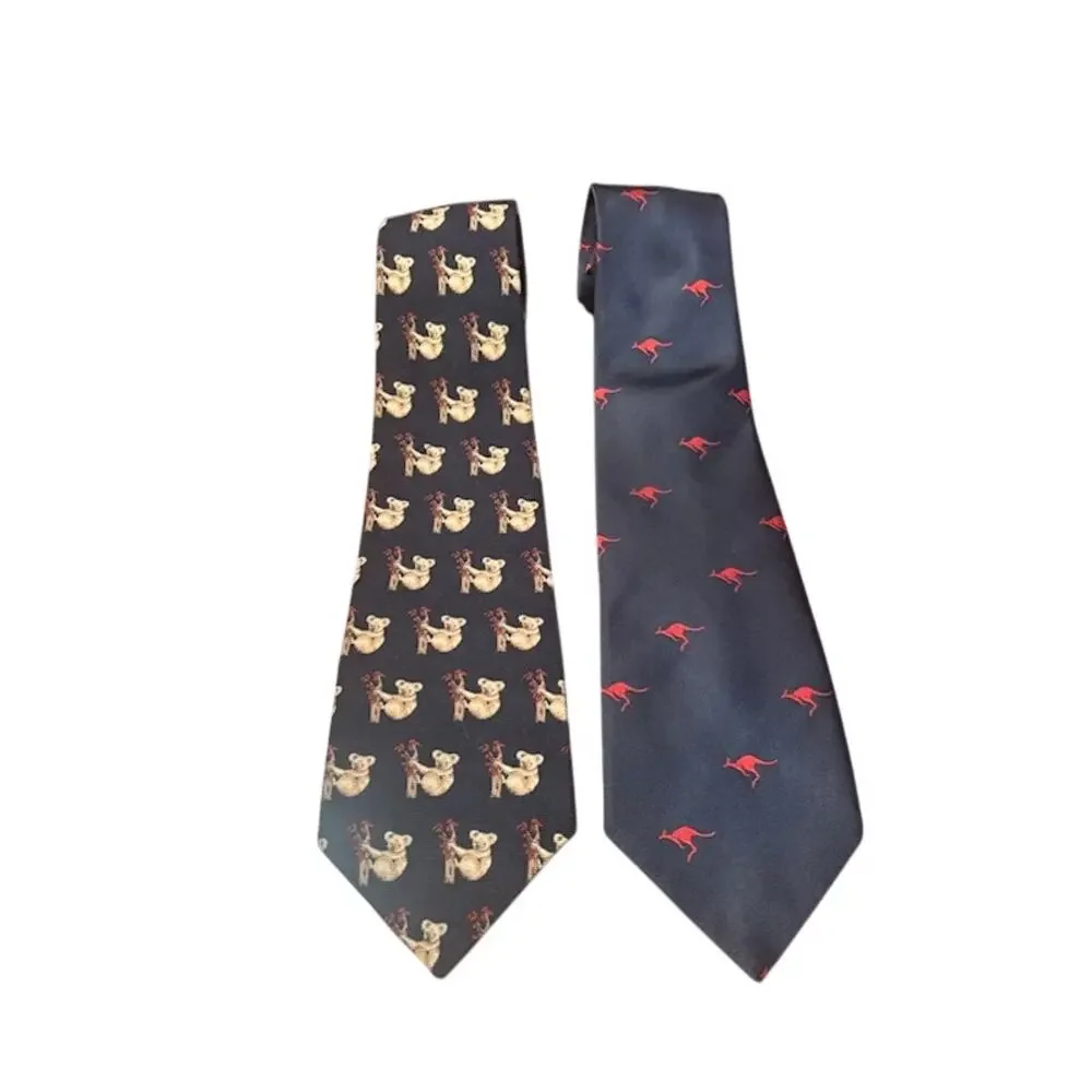 Two Australian themed ties koala kangaroo navy blue red brown animal necktie